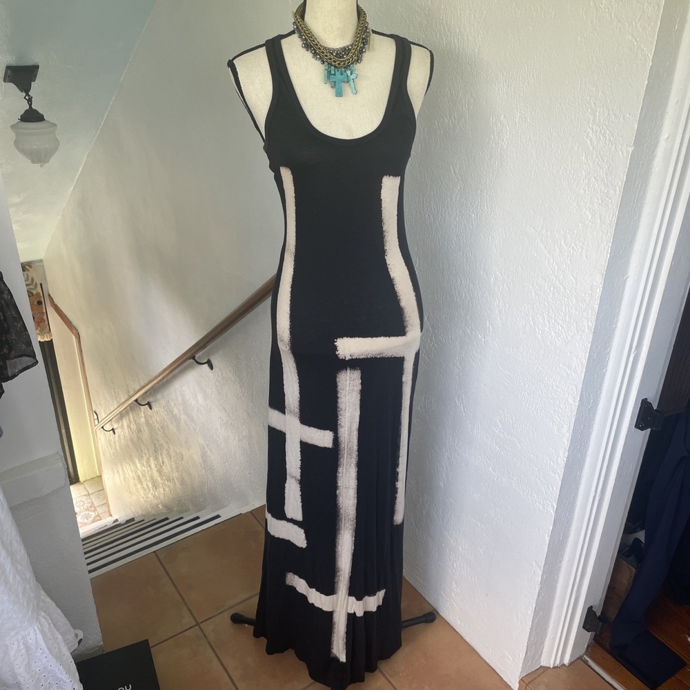 T Party Fashion Black Maxi Dress with Cream Geometric Stripes